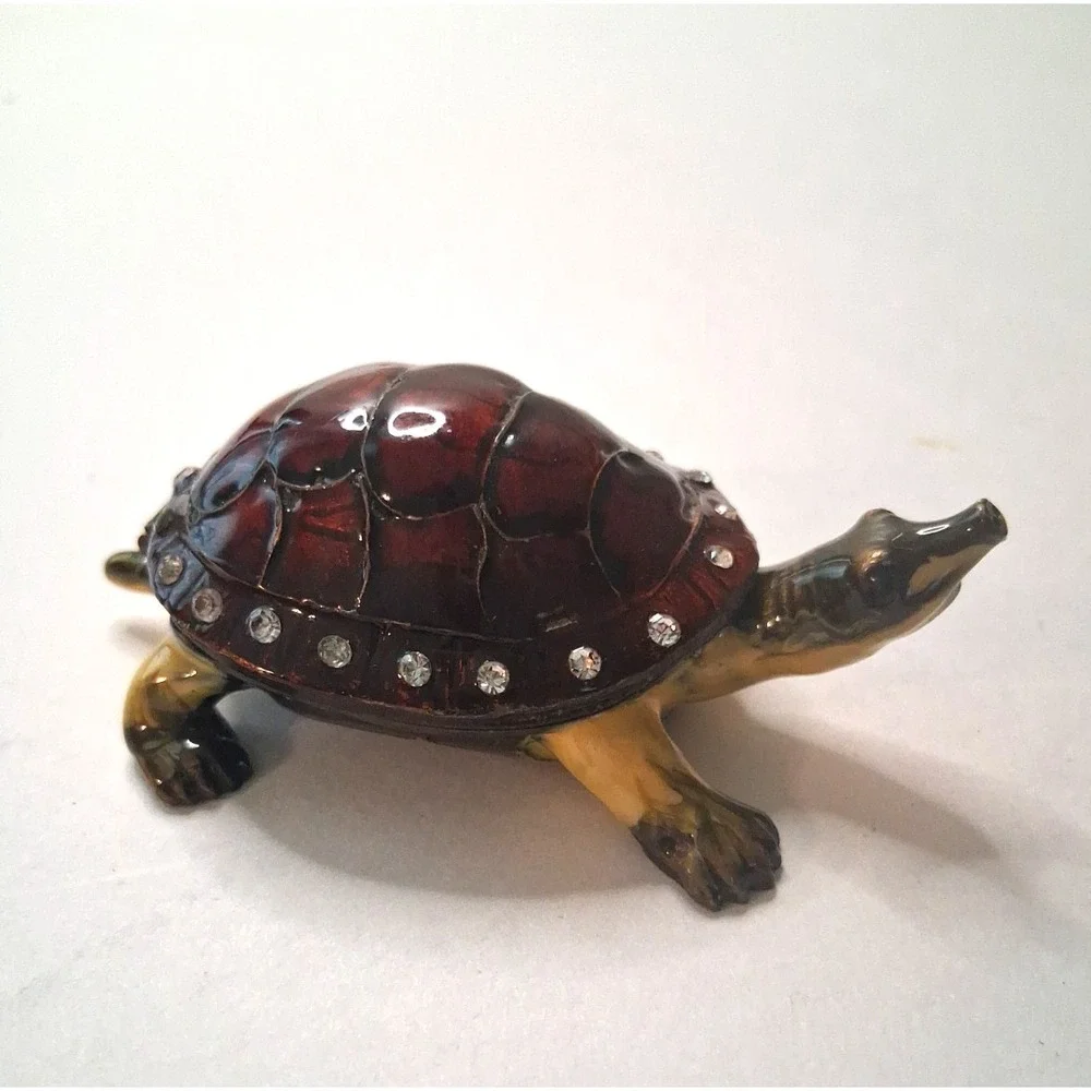 Metal Brass Enameled Turtle Trinket Box with Rhinestones Hinged Shell Lid Nice!